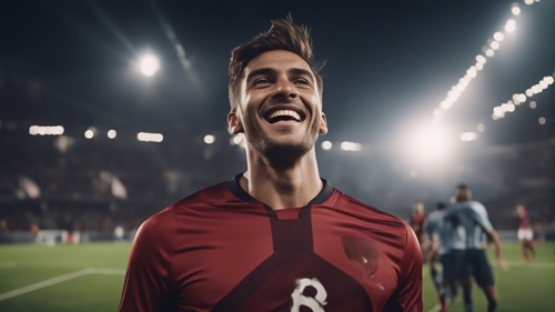 A smiling footballer in a red shirt